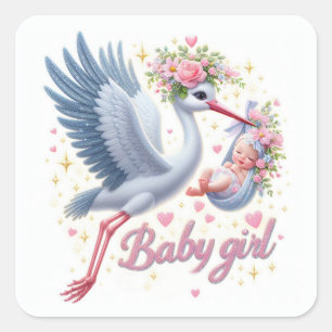 Schattigee ooievaar draagbaby meisje vierkante sticker
