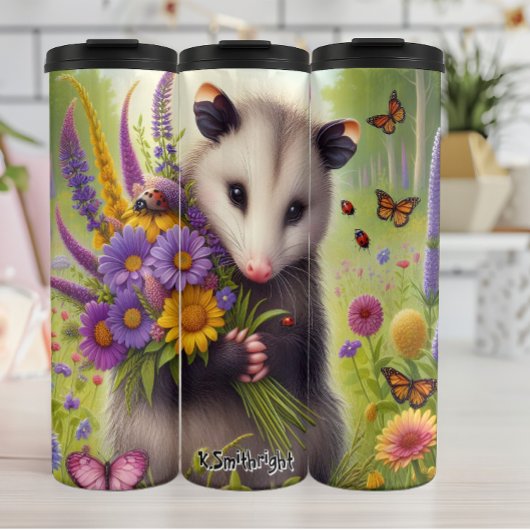 Schattigee Opossum Holding Flowers Thermosbeker