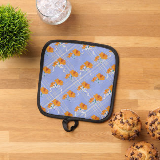 Schattigee Oranje Bloem Naadloos op Plaid Blue Pannenlap