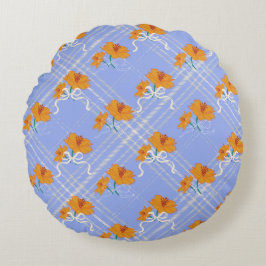 Schattigee Oranje Bloem Naadloos op Plaid Blue Rond Kussen