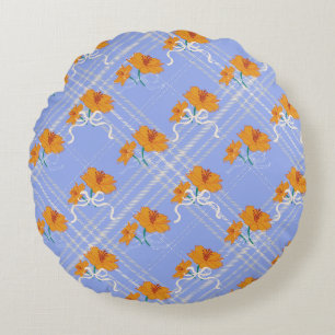 Schattigee Oranje Bloem Naadloos op Plaid Blue Rond Kussen