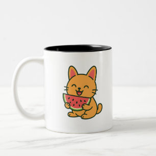 Schattigee Oranje kat die watermeloen eet Kawaii Tweekleurige Koffiemok