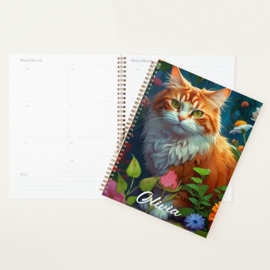 Schattigee Oranje kat in bloemen gepersonaliseerd Planner (Display)