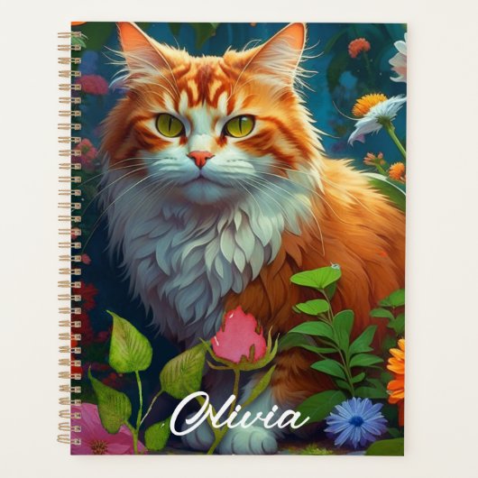 Schattigee Oranje kat in bloemen gepersonaliseerd Planner (Voorkant)