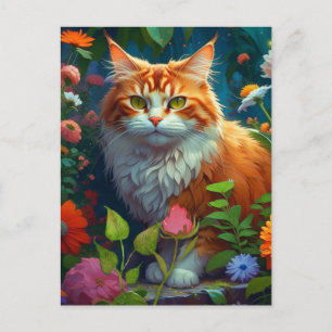 Schattigee Oranje kat in bloemen houden in contact Briefkaart