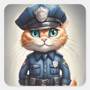 Schattigee Oranje Kat in Politie Uniform Waterverf Vierkante Sticker