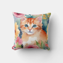 Schattigee Oranje Kitten Flowers Waterverven Kussen