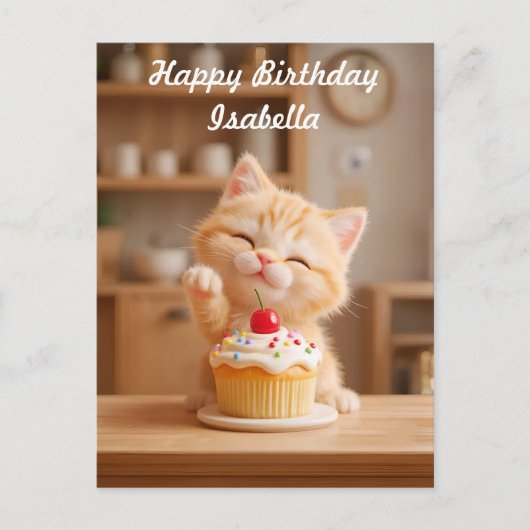 Schattigee Oranje Kitten met een Cupcake Briefkaart (Voorkant)