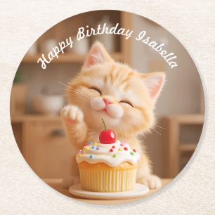 Schattigee Oranje Kitten met een Cupcake Ronde Kartonnen Onderzetter