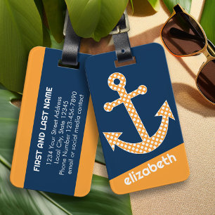 Schattigee Oranje Polka Dot Anker met Navy Custom Bagagelabel