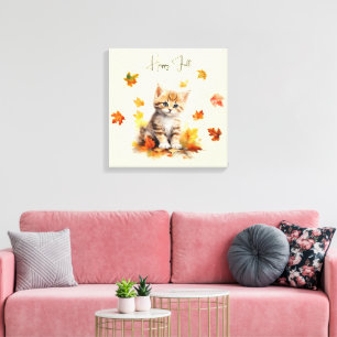 Schattigee Oranje Tabby Kitten in herfstbladeren Canvas Afdruk