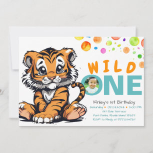 Schattigee Oranje tijger Wild One Birthday Parti Kaart