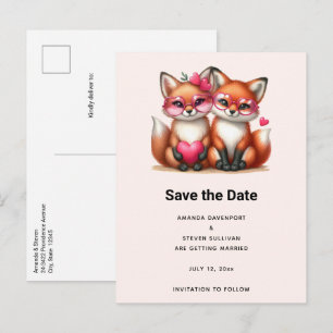Schattigee Oranje vossen in Love Wedding Aankondigingskaart