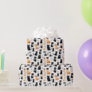 Schattigee Oranje Witte Zwarte Katten Verjaardag Cadeaupapier