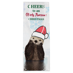 Schattigee otter met een kerstmuts wijn cadeautas
