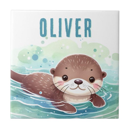 Schattigee otterillustratie aangepaste naam tegeltje (Voorkant)