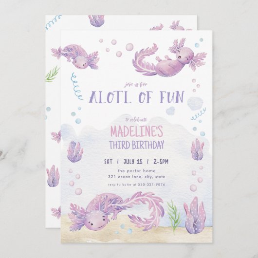 Schattigee Paarse Axolotl-verjaardagsuitnodiging Kaart (Voorkant / Achterkant)