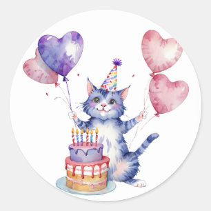 Schattigee Paarse Cat Birthday Cake Balloon - Verj Ronde Sticker