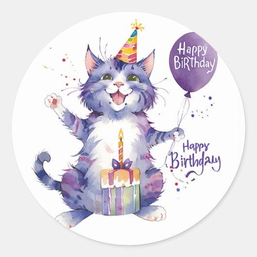 Schattigee Paarse Cat Verjaardagsballon - Verjaard Ronde Sticker (Voorkant)