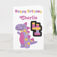 Schattigee Paarse Dinosaurus 4e Verjaardag Kaart