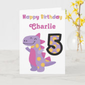 Schattigee Paarse Dinosaurus 5e Verjaardag Kaart (Gele Bloem)