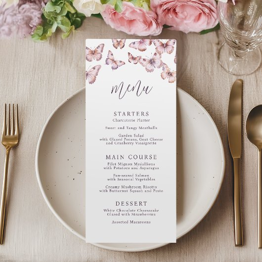 Schattigee Paarse en roze vlinder Baby shower Menu