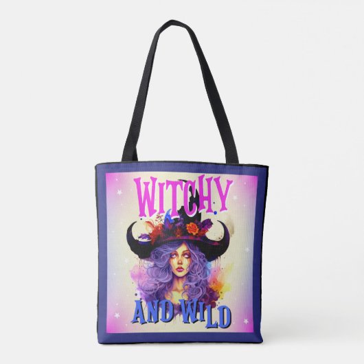 Schattigee Paarse heks Halloween thema Canvas tas (Achterkant)