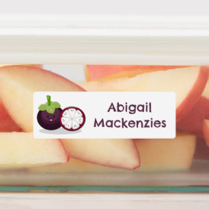 Schattigee paarse mangosteen cartoon gepersonalise labels
