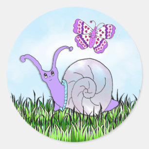 Schattigee Paarse slak en vlinder grillig Ronde Sticker