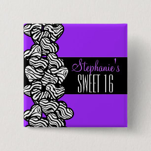Schattigee Paarse zebra hart Sweet 16 Verjaardag B Vierkante Button 5,1 Cm