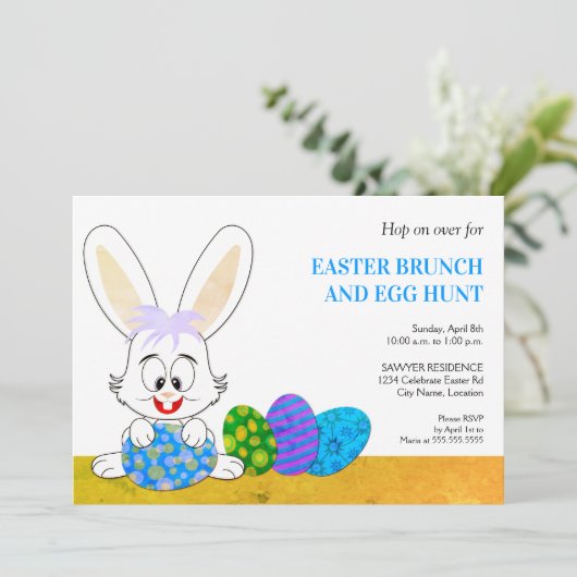 Schattigee paashaas en eitjes feestuitnodiging kaart (Staand voorkant)