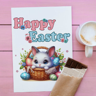Schattigee paashaas in mand met eitjes en bloemen briefkaart