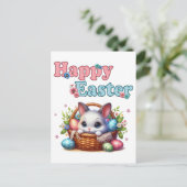 Schattigee paashaas in mand met eitjes en bloemen briefkaart (Staand voorkant)
