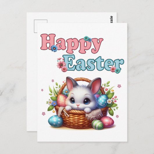 Schattigee paashaas in mand met eitjes en bloemen briefkaart (Voorkant / Achterkant)