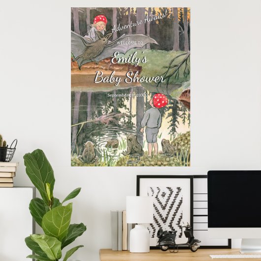 Schattigee paddestoel Woodland Frog Baby shower We Poster (Thuiskantoor)