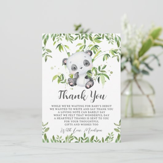 Schattigee Panda Beer Bamboe Groen Baby shower Bedankkaart (Staand voorkant)
