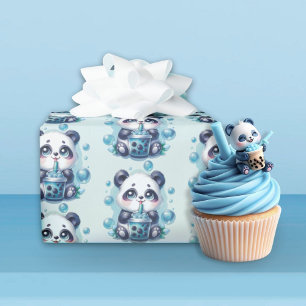 Schattigee Panda en Blue Boba Bubble Tea Cadeaupapier