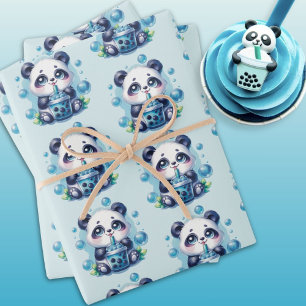 Schattigee Panda en Blue Boba Bubble Tea Inpakpapier Vel