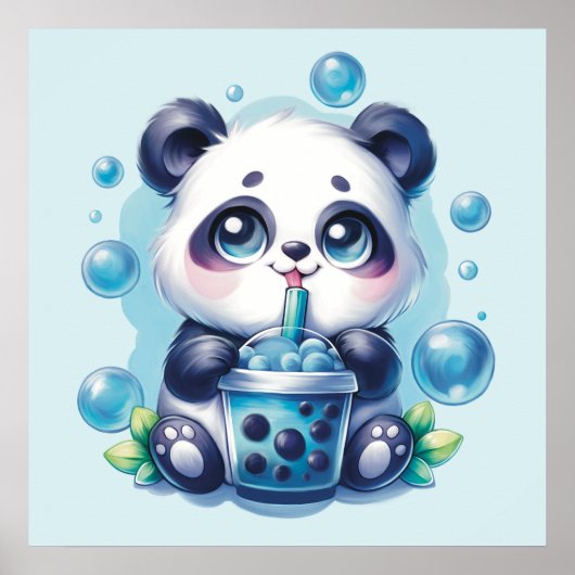 Schattigee Panda en Blue Boba Bubble Tea Poster (Voorkant)
