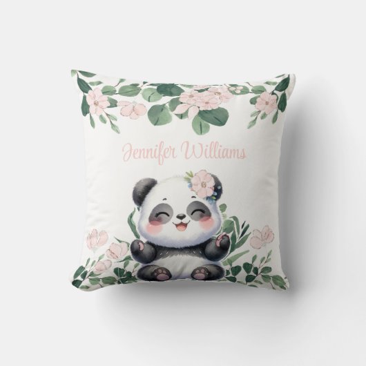Schattigee Panda Girl Greenery Roze Bloem Bloemen Kussen (Voorkant)