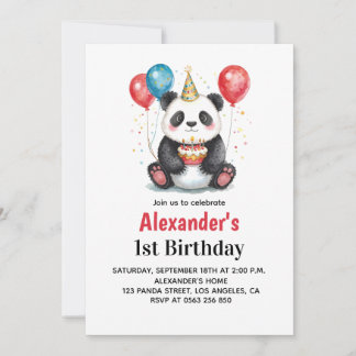 Schattigee panda met ballonnen en taart 1e verjaar kaart