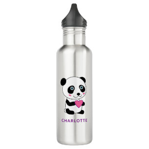Schattigee panda met een roze hart + naam waterfles 
