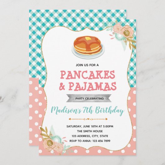 Schattigee pannenkoek en pyjama uitnodiging (Voorkant / Achterkant)