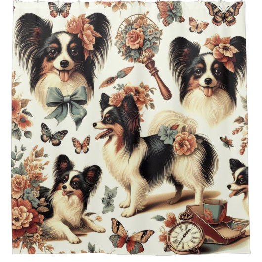 Schattigee  Papillon hondenillustratie Douchegordijn (Voorkant)