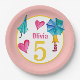 Schattigee paraplu meisje Waterverf illustratie Papieren Bordje