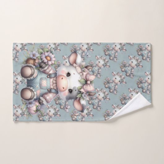 Schattigee Pastel Baby Koe in Overalls met Bloemen Bad Handdoek (Handdoek)