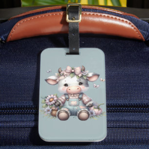 Schattigee Pastel Baby Koe in Overalls met Bloemen Bagagelabel
