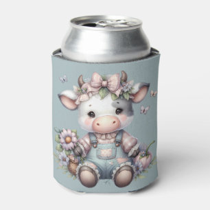 Schattigee Pastel Baby Koe in Overalls met Bloemen Blikjeskoeler