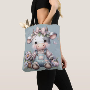 Schattigee Pastel Baby Koe in Overalls met Bloemen Draagtas