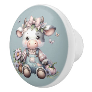 Schattigee Pastel Baby Koe in Overalls met Bloemen Keramische Knop